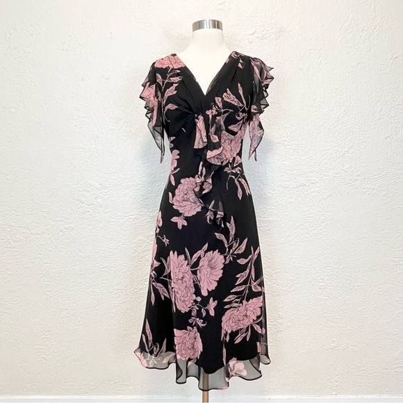 Vintage 90s Y2K Dress Whimsigoth Black Floral Flutter Ruffle Medium M 10 JBS - Picture 1 of 10